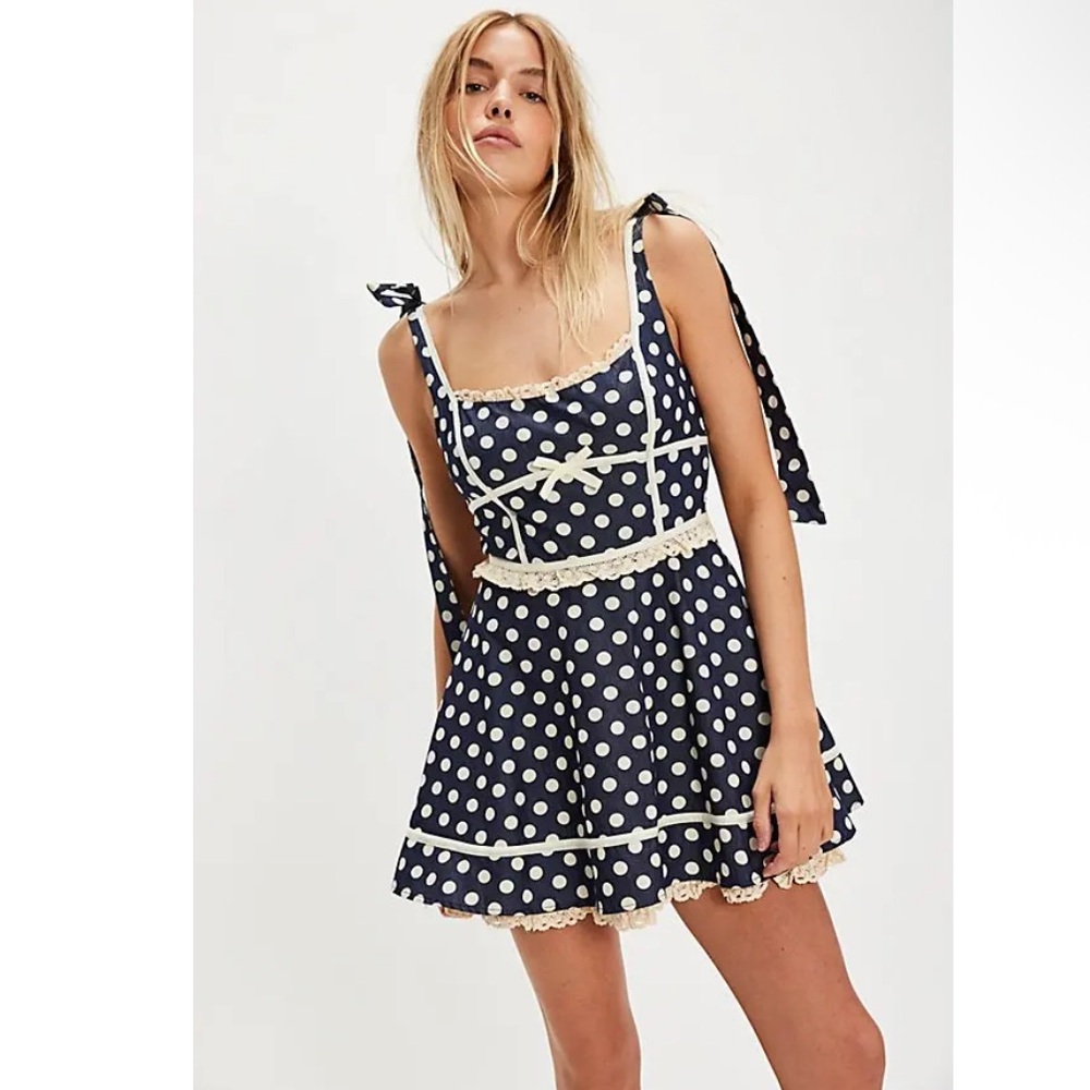 For Love & Lemons Dolly Denim Polka Dot Mini Dress Free People Size XL NEW $229 - Picture 5 of 16